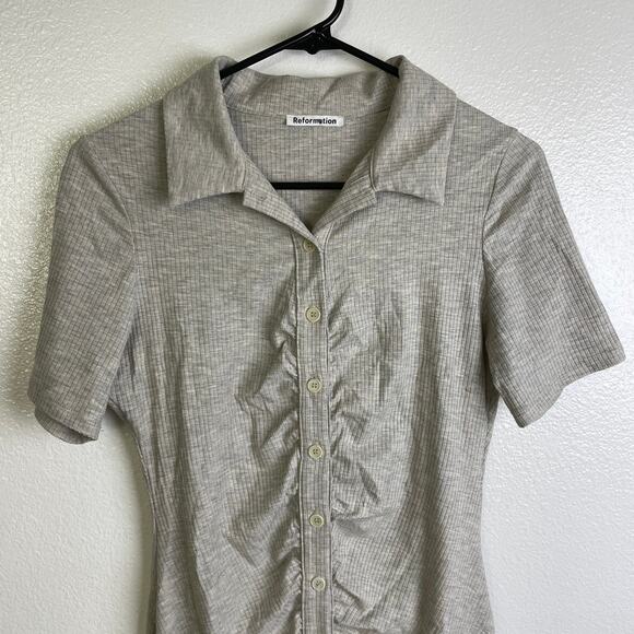 Reformation Lennon Dress Womens Medium Greige Ribbed Short Sleeve Button Stretch - Picture 3 of 11